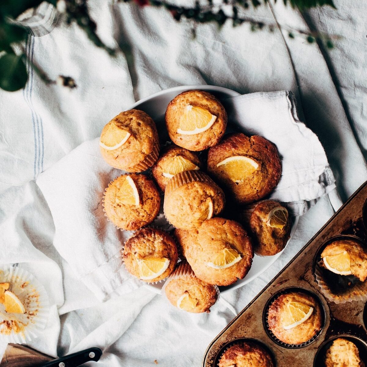 Orange muffins topped with citrus slices on a plate