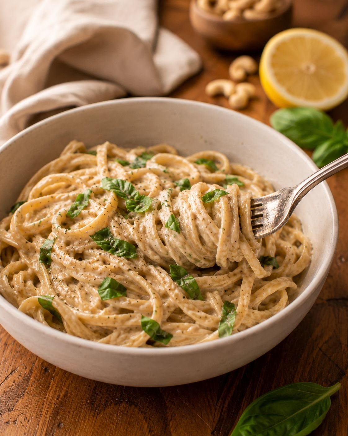 Creamy cashew lemon pasta with basil in a white bowl