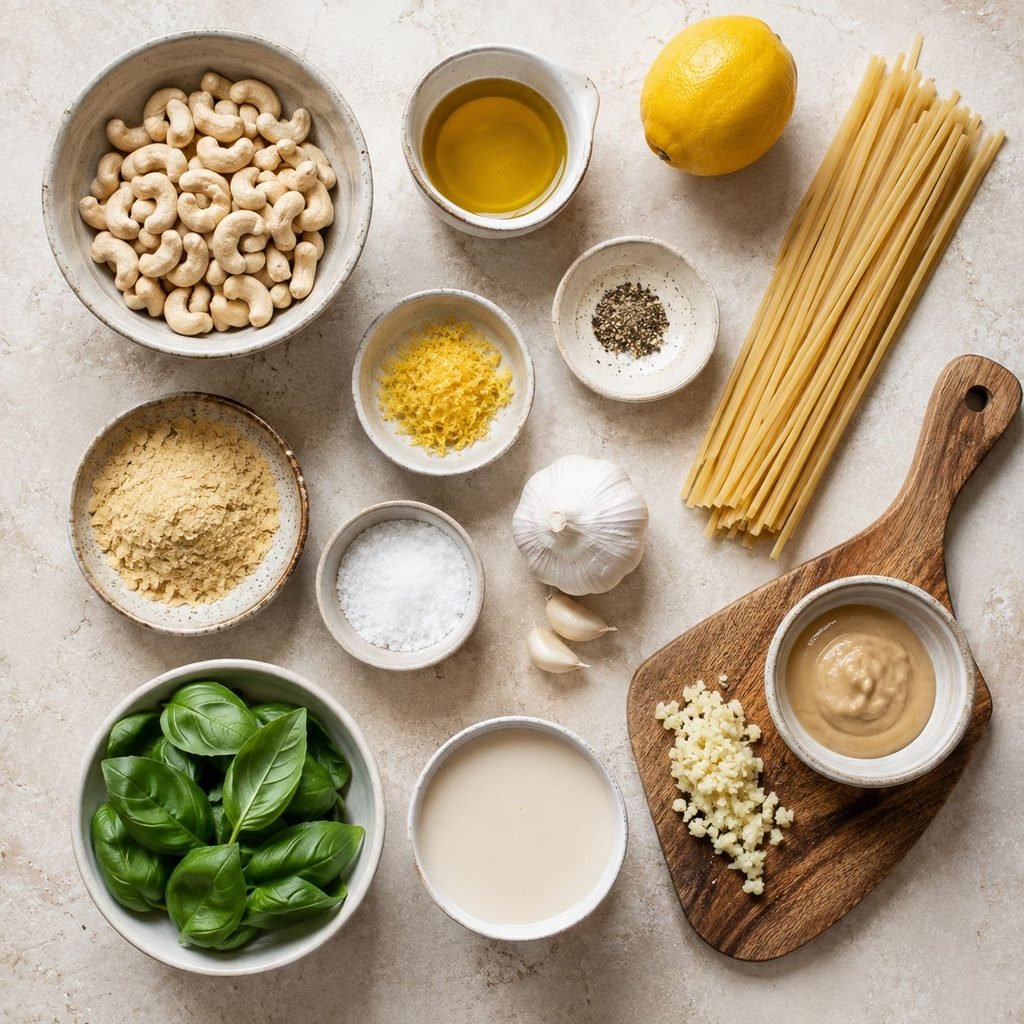 Ingredients for creamy cashew lemon pasta including raw cashews, lemon, garlic, olive oil, and fresh basil arranged on a kitchen counter