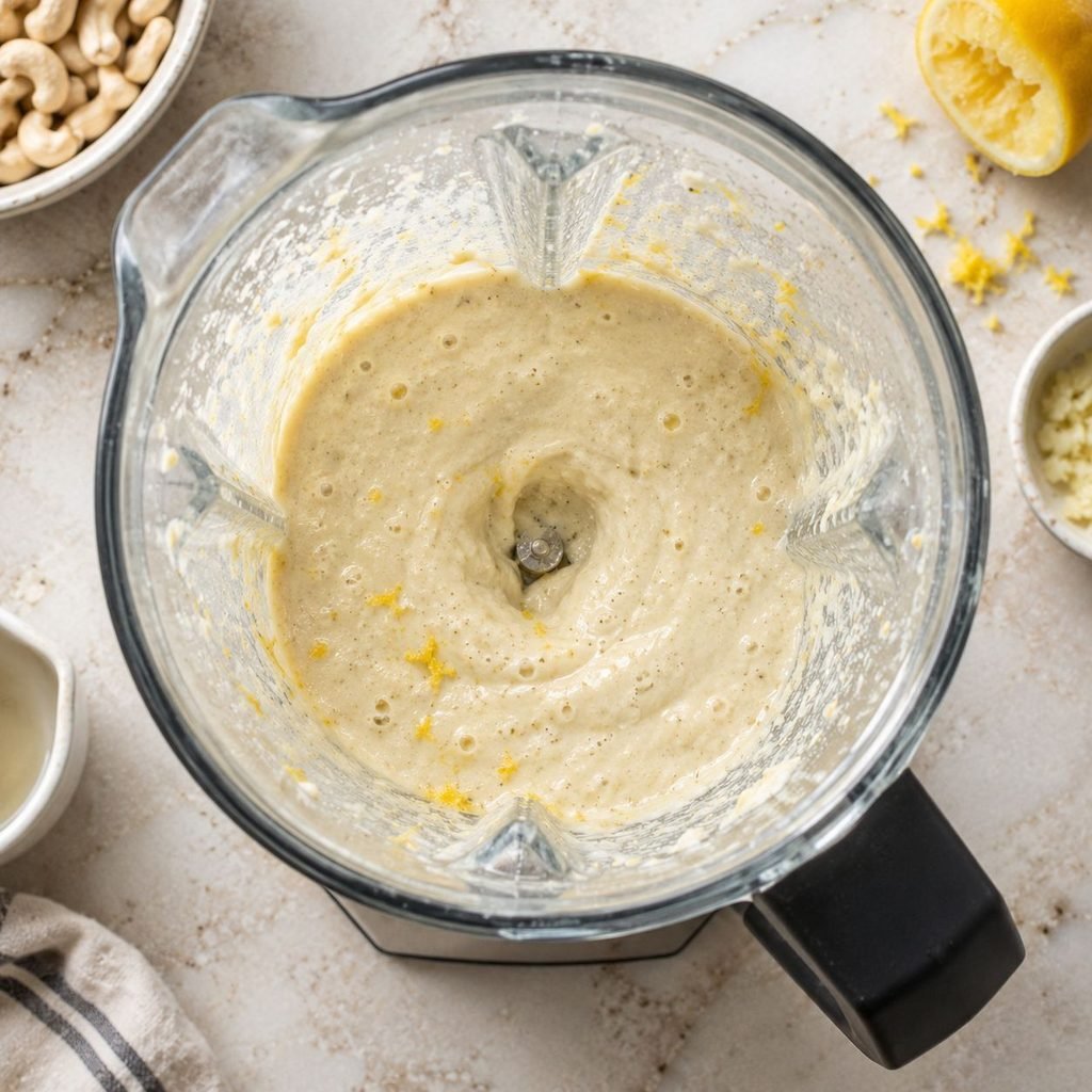 Cashew lemon sauce blending smooth in a blender with lemon zest and garlic